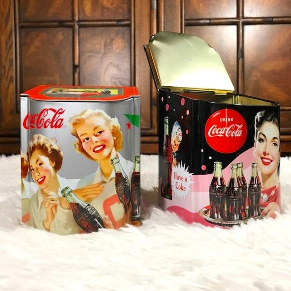 Set of 2 Vintage The Ladies and their Coke Nostalgia Angled Hinged Top Tins